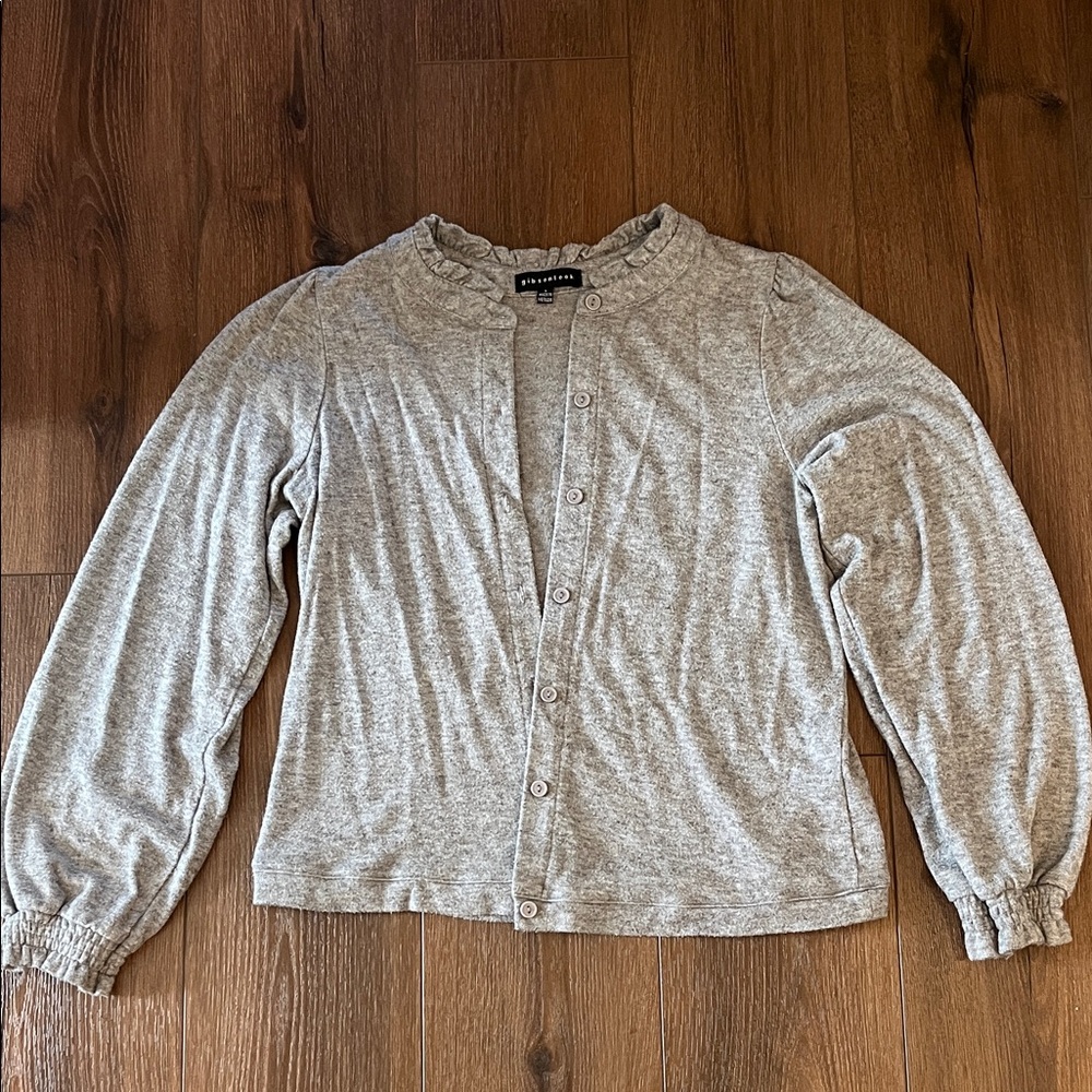 Heather Gray Ruffle Neck Button Cardigan